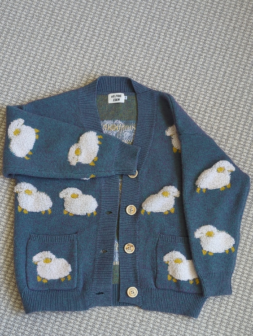 Aelfric Eden Teal Cardigan with White Sheep Motif Size S